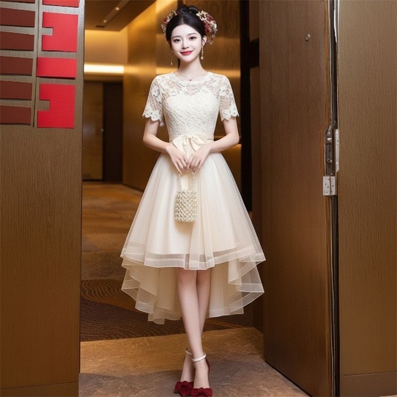 婚礼姐妹团香槟伴娘服蕾丝圆领前短后长网纱裙宴会主持人小晚礼服