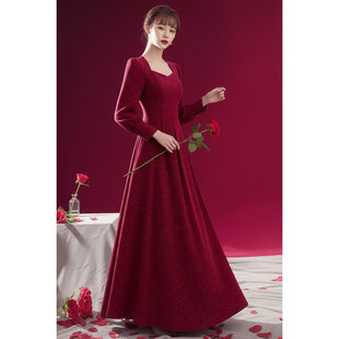 酒红色敬酒服新款 订婚晚礼服显瘦连衣裙平时可穿 气质新娘结婚便装