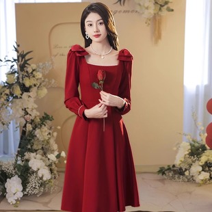 敬酒服新娘红色小个子结婚衣服订婚晚礼服裙子秋冬回门便装 连衣裙