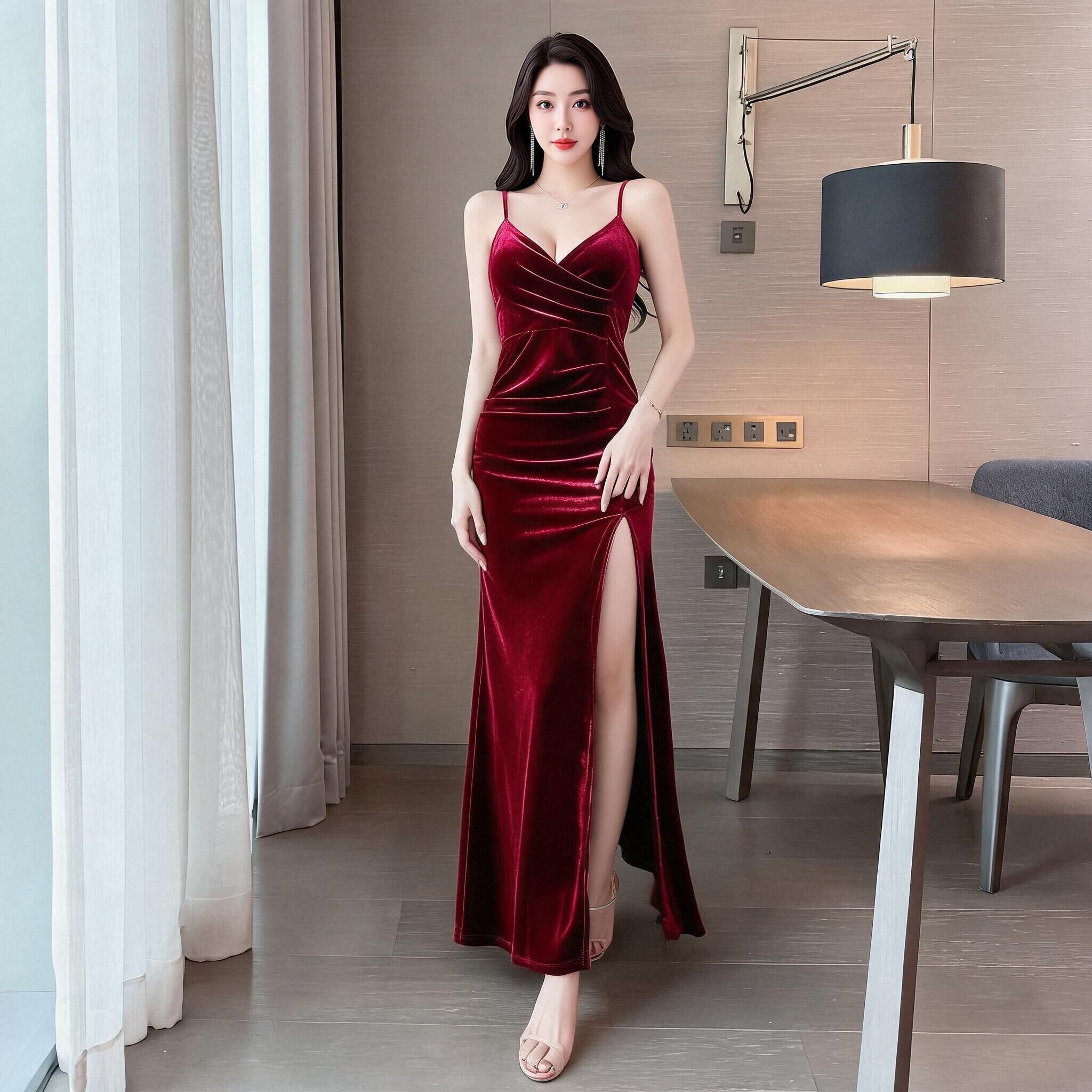 高级感吊带连衣裙女神范名媛气质收腰金丝绒v领开叉性感礼服长裙