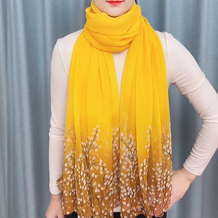 超大长款女士丝巾黄色围巾冬季妈妈薄款保暖沙滩巾跳舞中老年纱巾