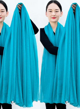 湖蓝色丝巾3米长围巾女秋冬超大高档披肩夏季薄款百搭孔雀蓝纱巾