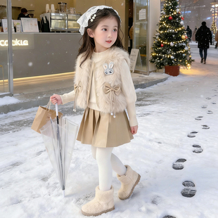 小女孩套装 女童冬季 加绒加厚保暖大毛领外套百褶裙两件套2025新款