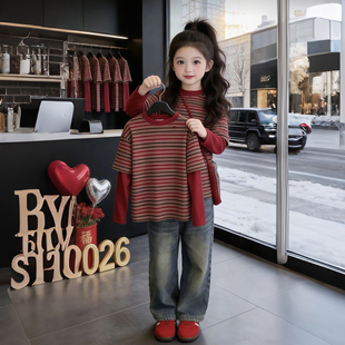 女童韩版条纹长袖T恤2026新款女孩红色圆领休闲百搭上衣时髦洋气