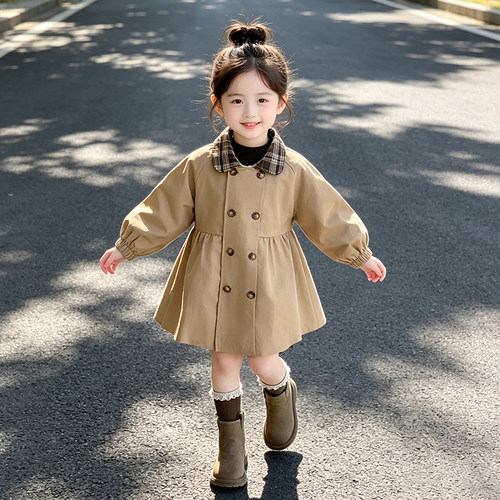 女童复古格子拼接领双排扣风衣