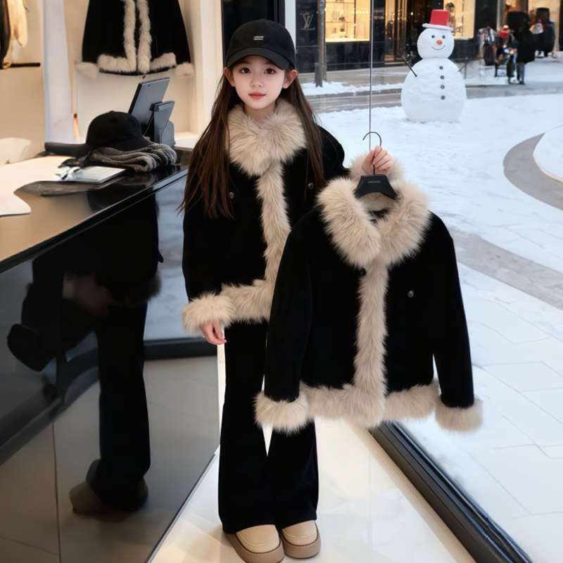 女童冬季两件套2025新款女孩加厚保暖外套微喇裤套装洋气休闲冬装