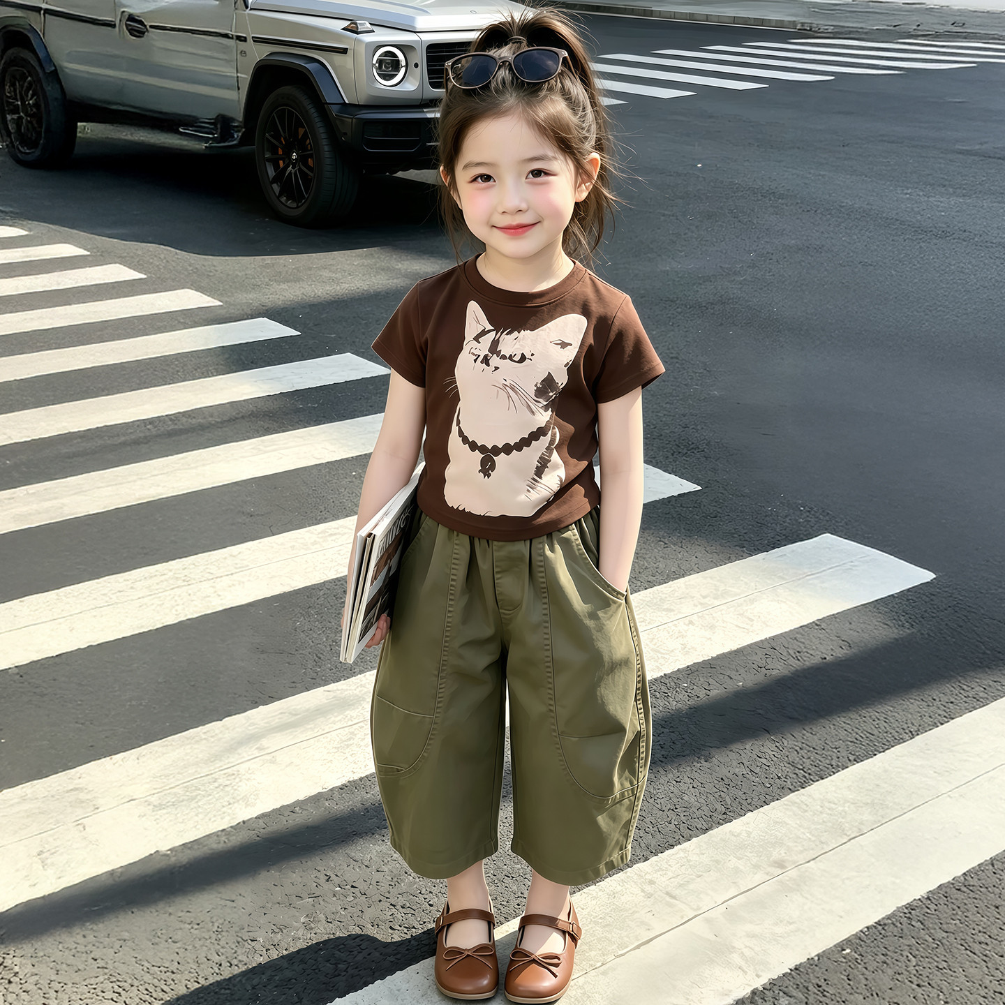 女童T恤2026夏季新款小女孩韩版卡通猫咪印花短袖休闲裤时尚穿搭