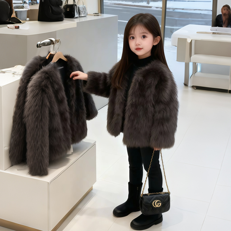 女宝宝冬季保暖上衣2025新款女童皮草外套新款仿皮草加厚毛毛大衣