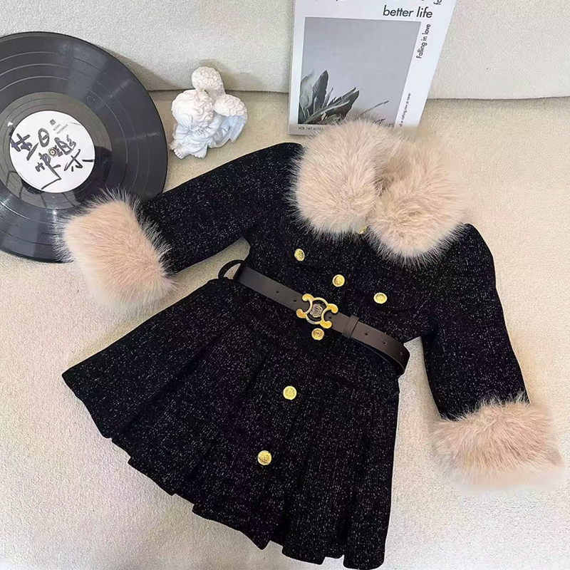 女童冬季加厚保暖收腰连衣裙2025新款女孩百搭毛领外套加绒公主裙