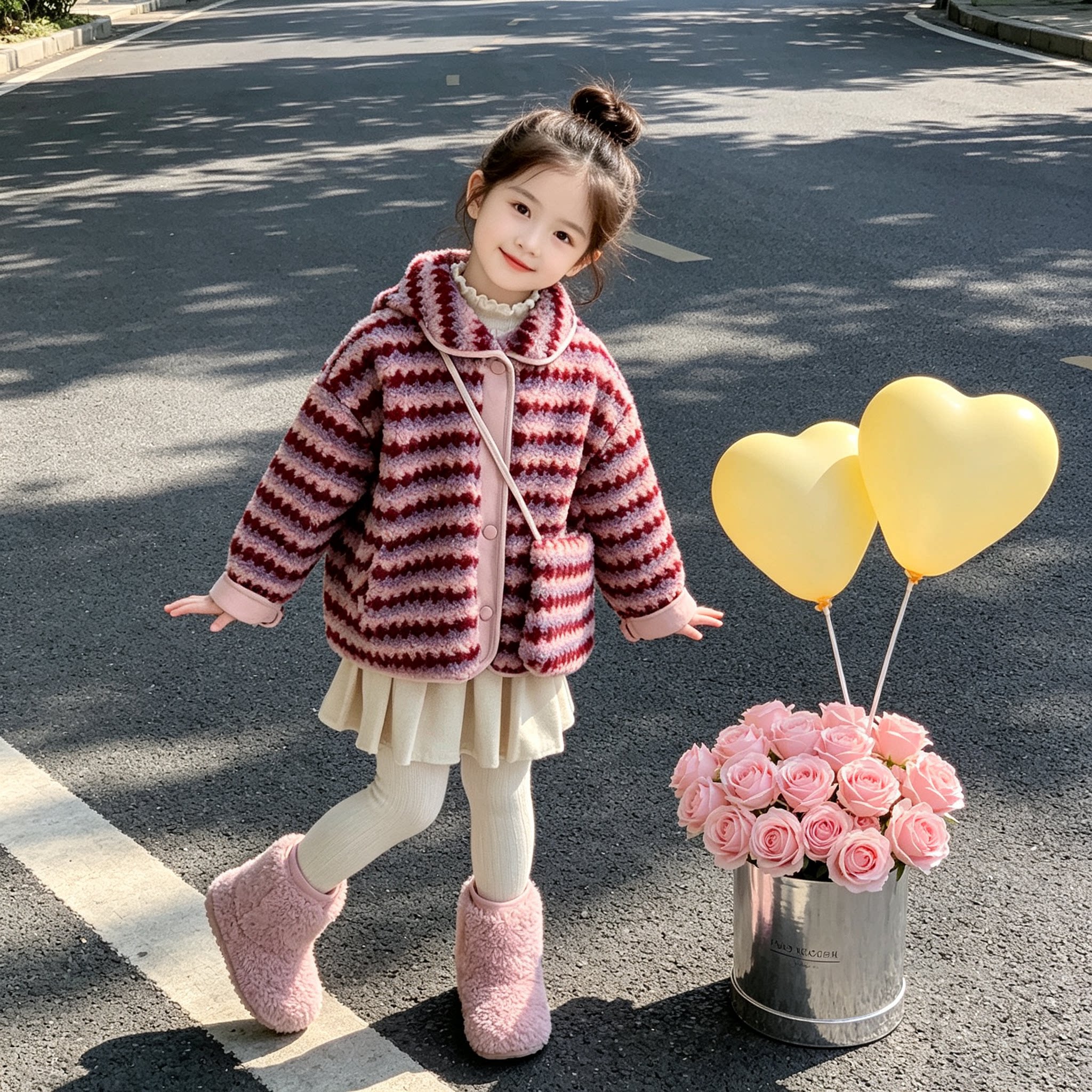 女童条纹连帽毛毛衣外套2026冬季新款女孩加厚保暖时尚百搭上衣潮