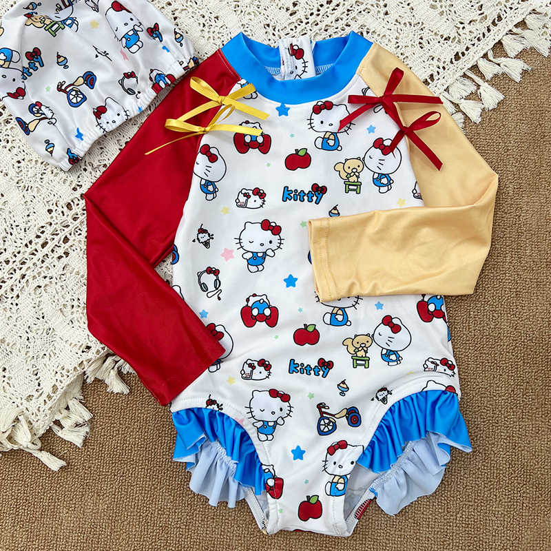 女童卡通印花长袖防晒泳衣2025夏季女孩中小童宝宝荷叶边连体泳衣