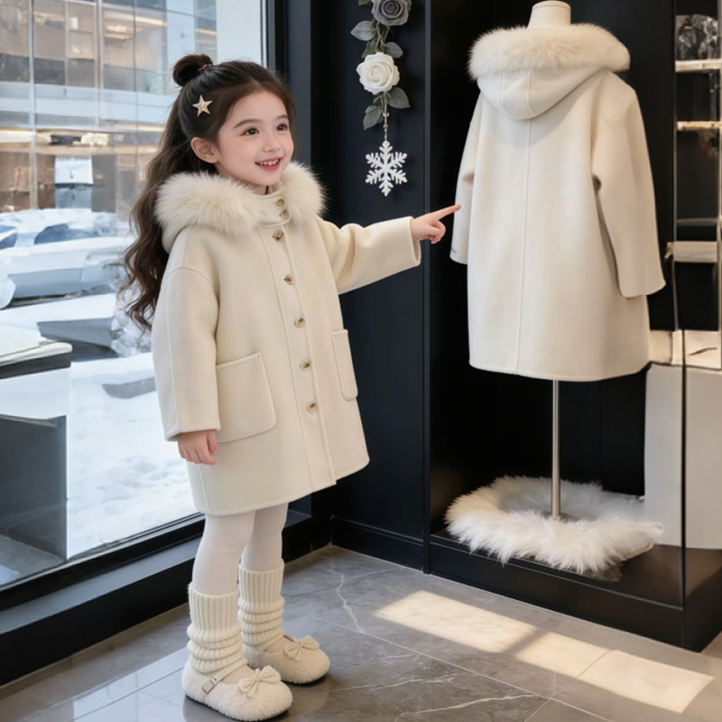 女童呢子大衣冬季加绒毛领连帽中长款百搭外套2026新款小女孩冬装