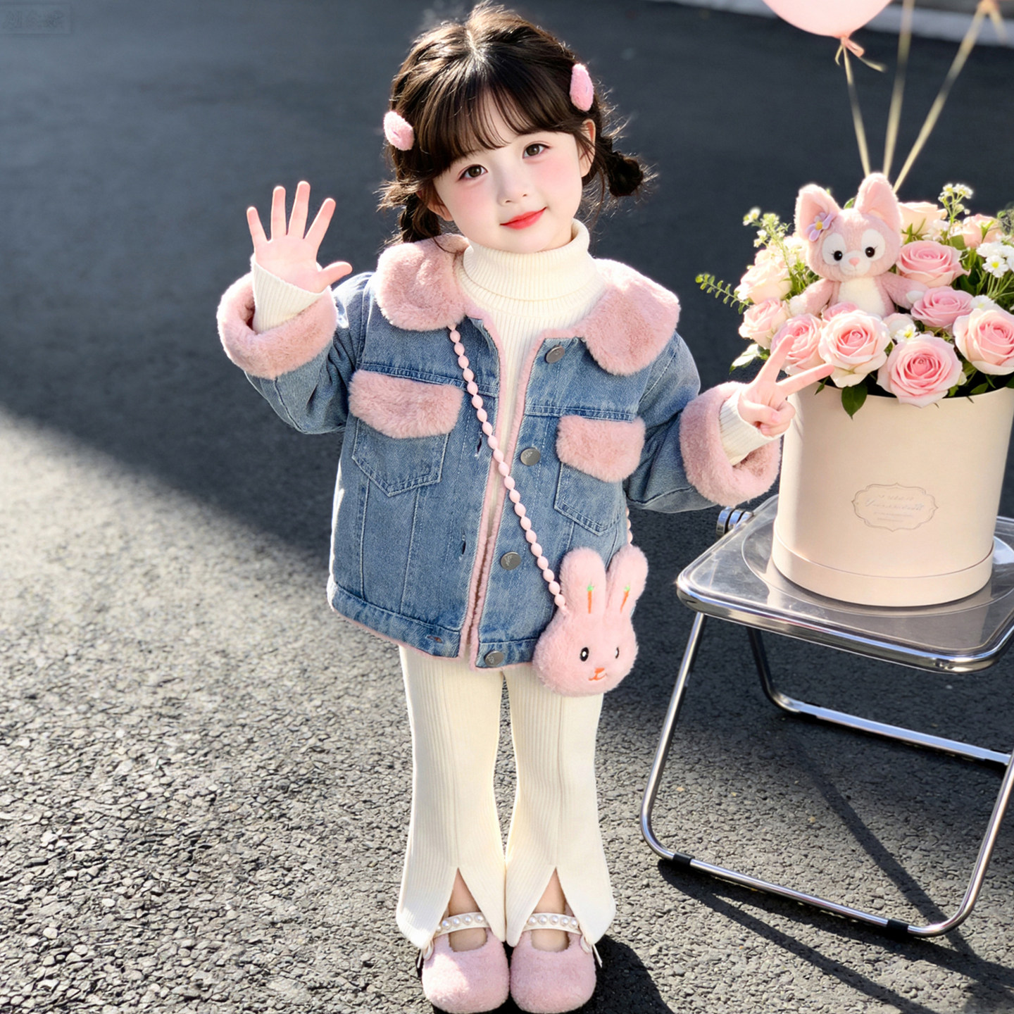 女童加厚牛仔棉服2026秋冬新款女孩保暖外套洋气时髦卡通百搭外套