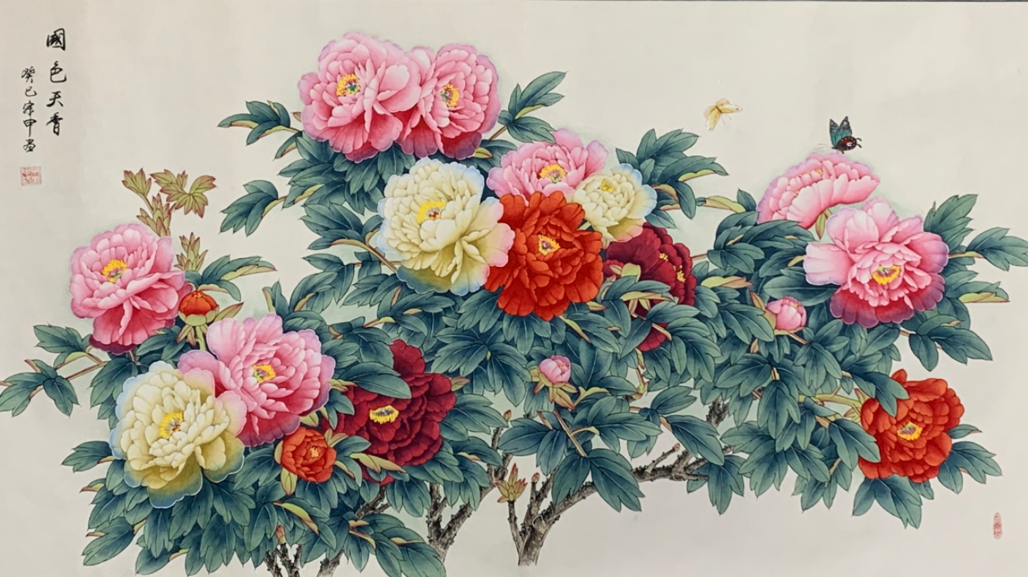 新中式工笔牡丹厅沙发背景墙大师手绘国画卷轴挂画字画精品热销