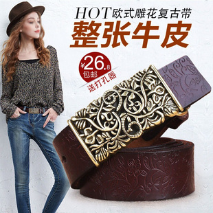 雕花搭配牛仔裤 带个性 简约百搭纯牛皮裤 复古皮带女真皮腰带宽韩版