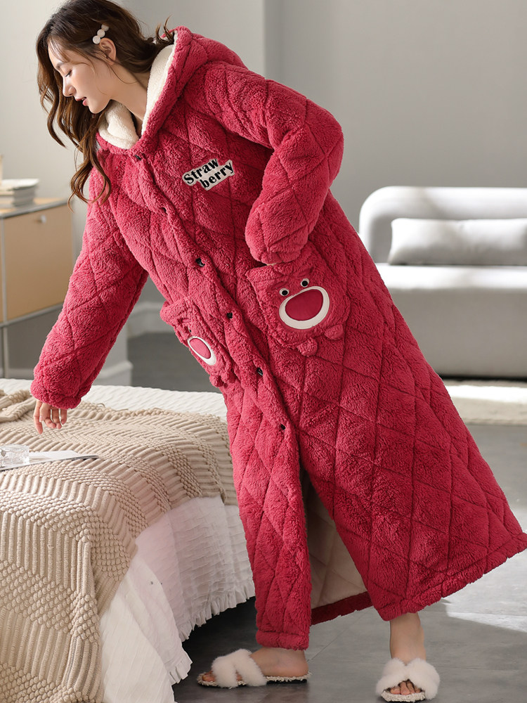 SUPER THICK COTTON NIGHTGOWN WOMENS AUTUMN AND WINTER LONG WARM CORAL VELVET WINTER PAJAMAS WOMENS THREE-LAYER THICKENED AND FLEECE BATHROBE