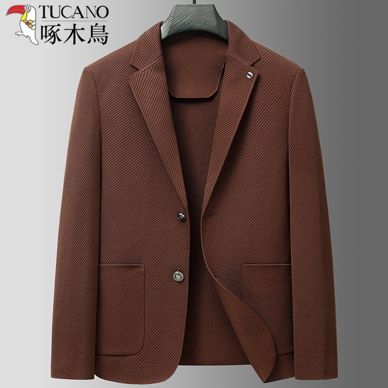 啄木鸟高端针织休闲西服外套春秋单西免烫中年高级感韩版西装上衣