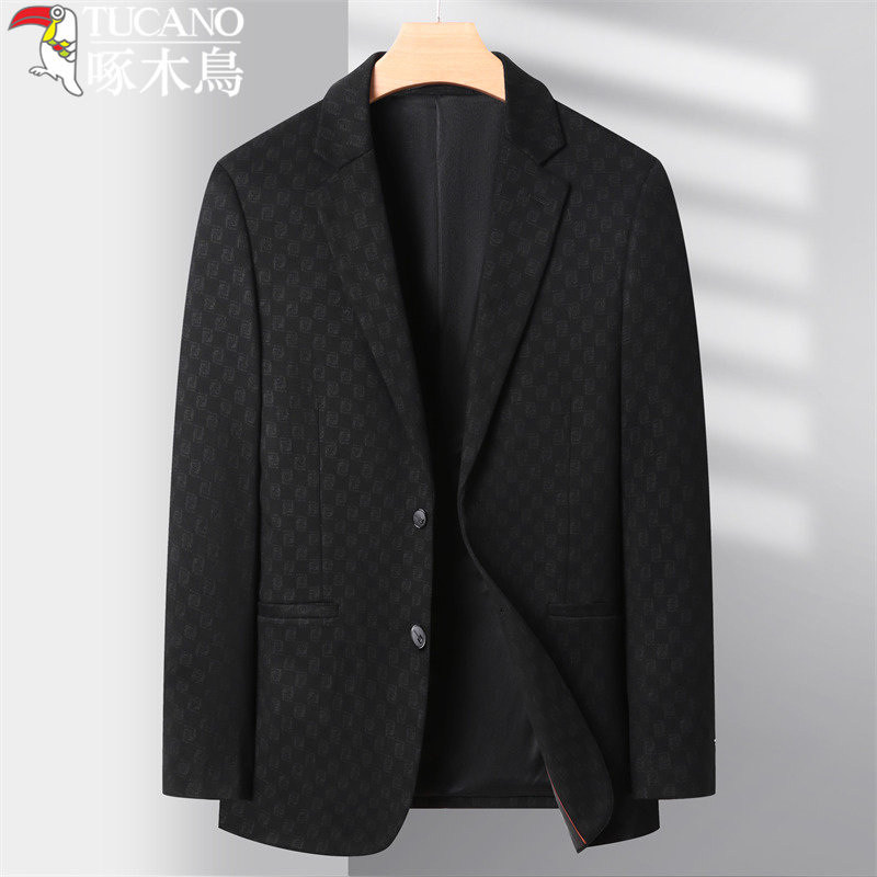 啄木鸟春秋商务休闲西服男士高级感黑色修身百搭轻奢英伦潮流外套