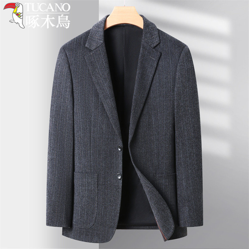 啄木鸟休闲西装男士春秋新款青年商务正装高级感条纹单西服外套男