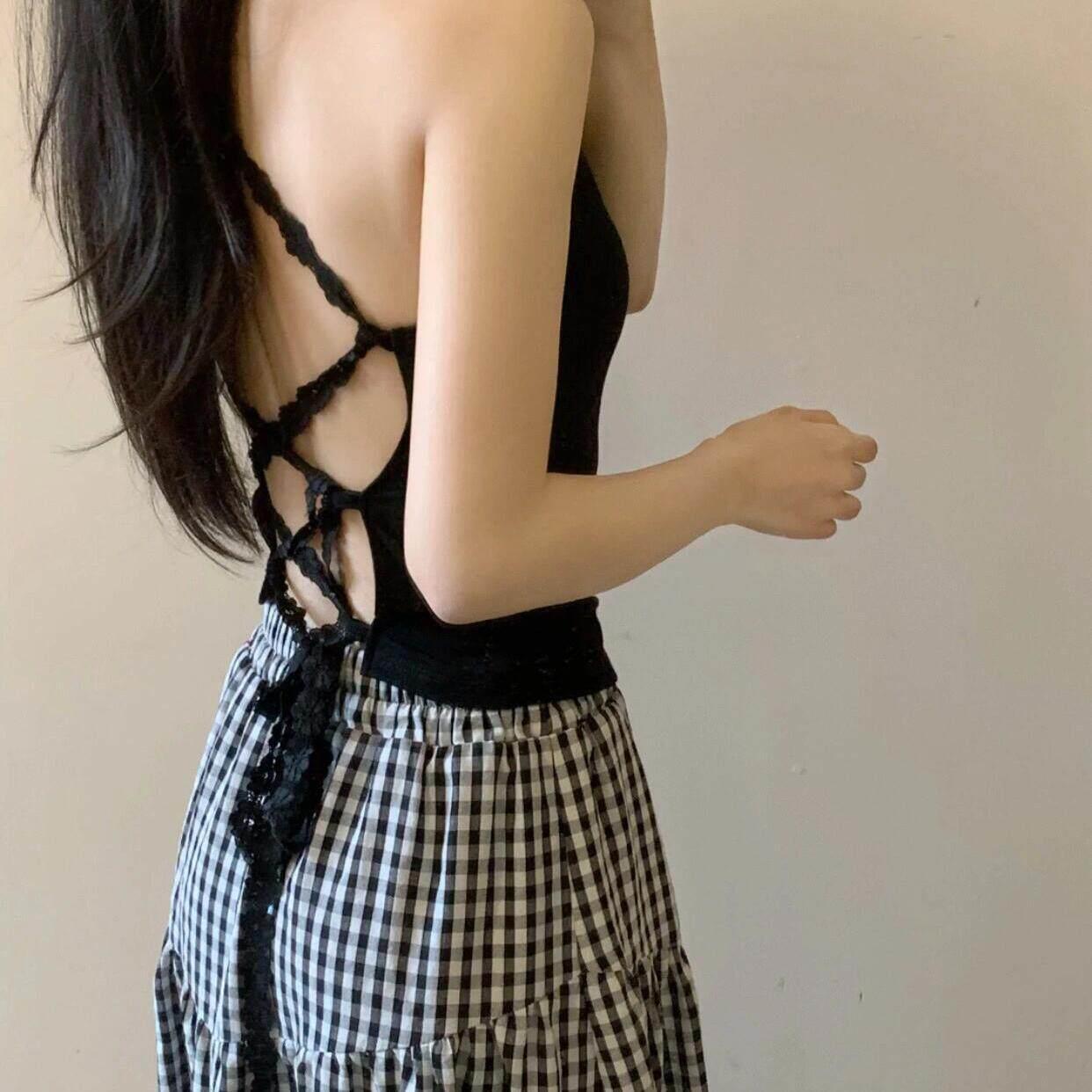 美背吊带文胸一体黑色蕾丝后背交叉吊带背心女带胸垫辣妹纯欲上衣