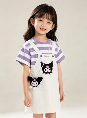 夏装中大童条纹上衣儿童女童休闲卡通风假两件连衣裙-MZC056