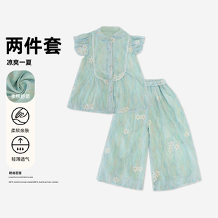 女童夏季重工刺绣套装中大童小飞袖T恤宽松阔腿裤两件套-HCB228
