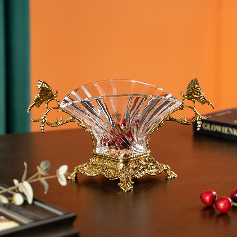欧式水晶玻璃配铜高档装饰干水果盘美式轻奢创意果盘客厅茶几摆件