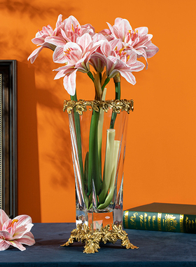 进口水晶玻璃配铜玄关高级感花瓶摆件欧式高档高端奢华客厅插花瓶