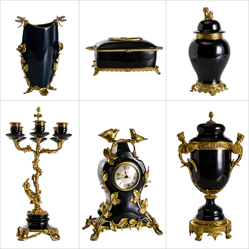 欧式古典陶瓷配铜摆件 美式复古黑色高档奢华家居客厅卧室工艺品