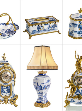 欧式青花陶瓷配铜首饰盒摆件