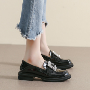 镇店之宝-大叔家厚底小皮鞋女复古一脚蹬水钻单鞋英伦风乐福鞋女