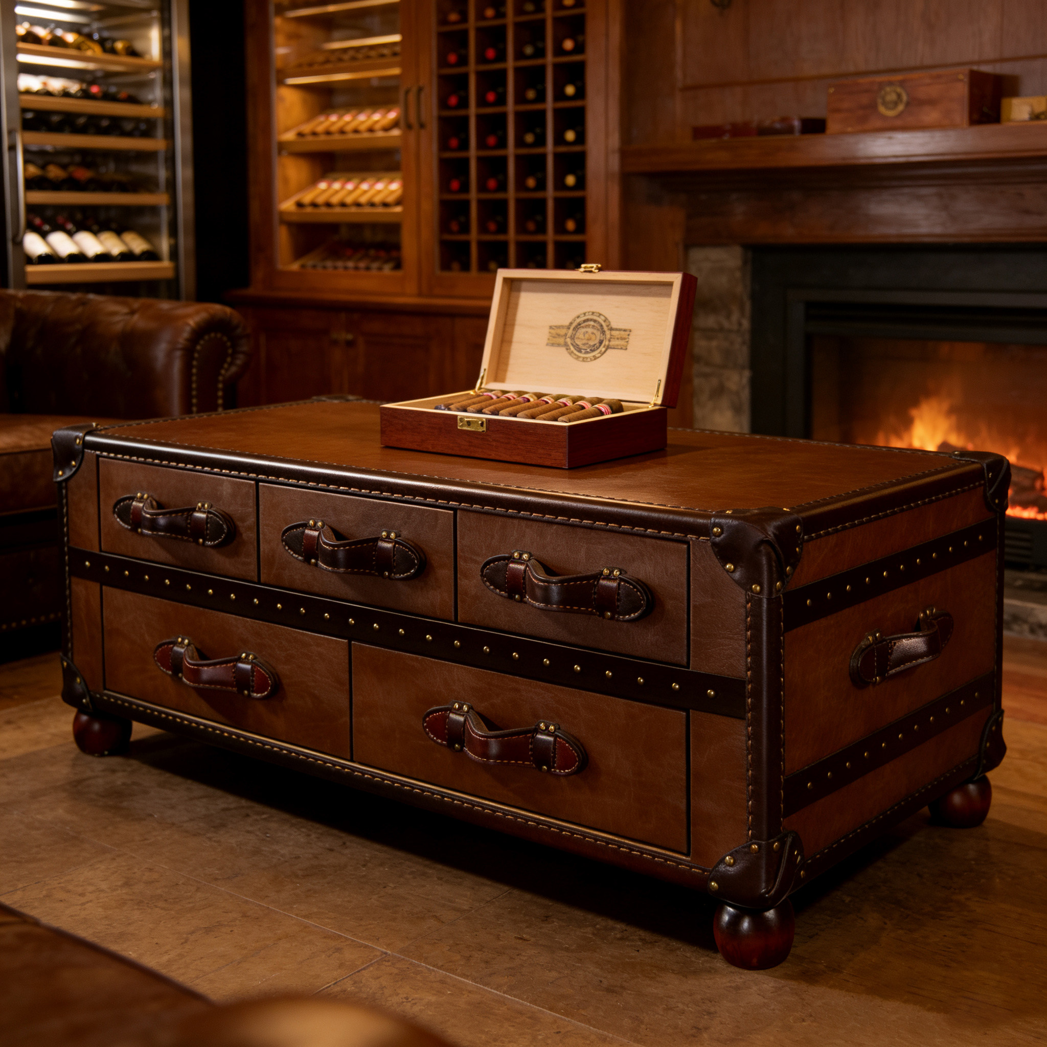 美式复古实木茶几储物收纳柜中古风做旧多抽屉茶几雪茄吧客厅家具