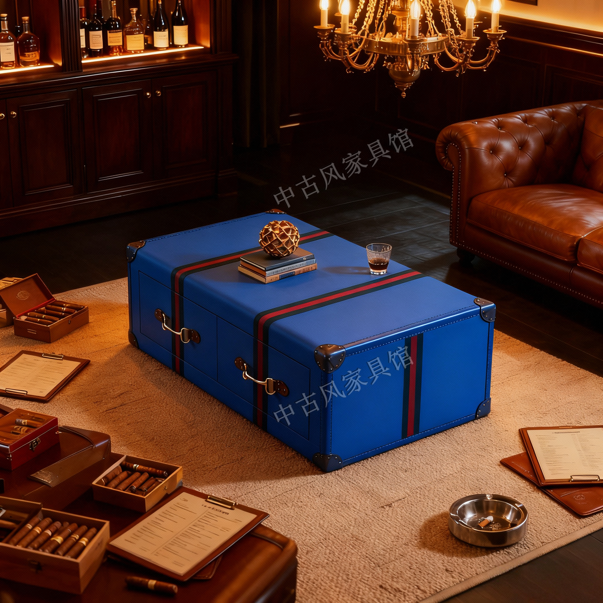 中古风复古皮箱茶几方形储物收纳箱蓝色做旧皮箱茶几桌英式雪茄吧