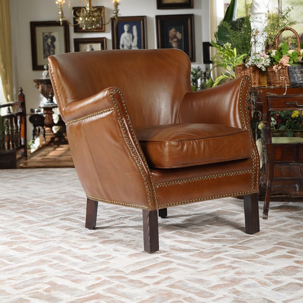 复古真皮单人沙发椅中古风实木框架铆钉装饰高端休闲椅油蜡皮单椅