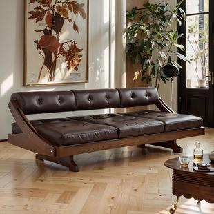 设计师款意式复古真皮沙发直排三人位中古实木白蜡木佛山龙江沙发