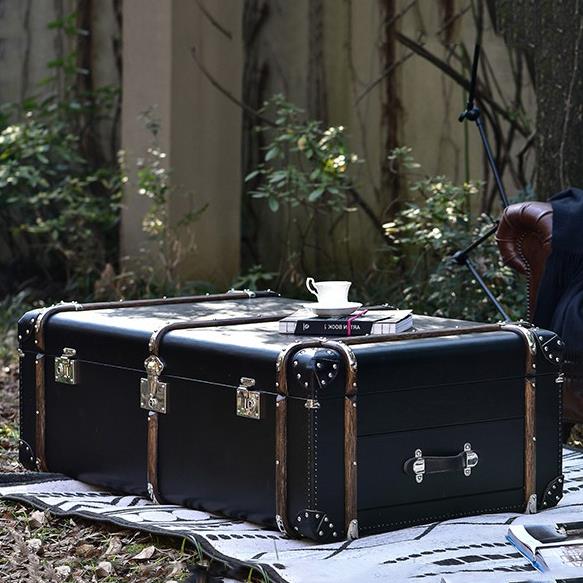 中古风皮箱子茶几美式咖啡桌客厅复古茶几别墅房做旧油蜡皮雪茄吧