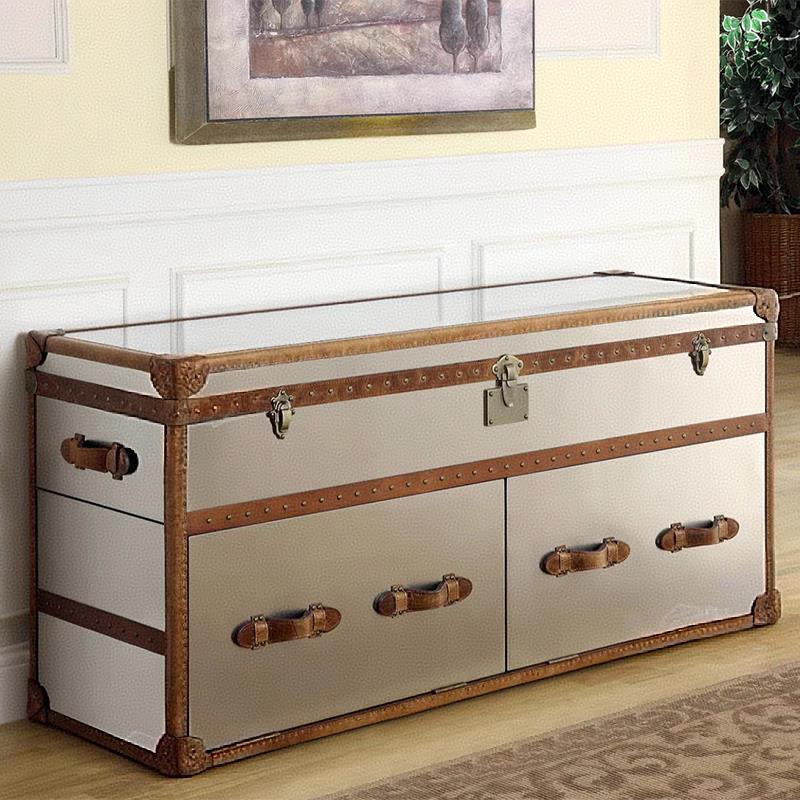 中古风做旧真皮斗柜美式乡村卧室箱式储物柜皮箱子茶几柜实木银色