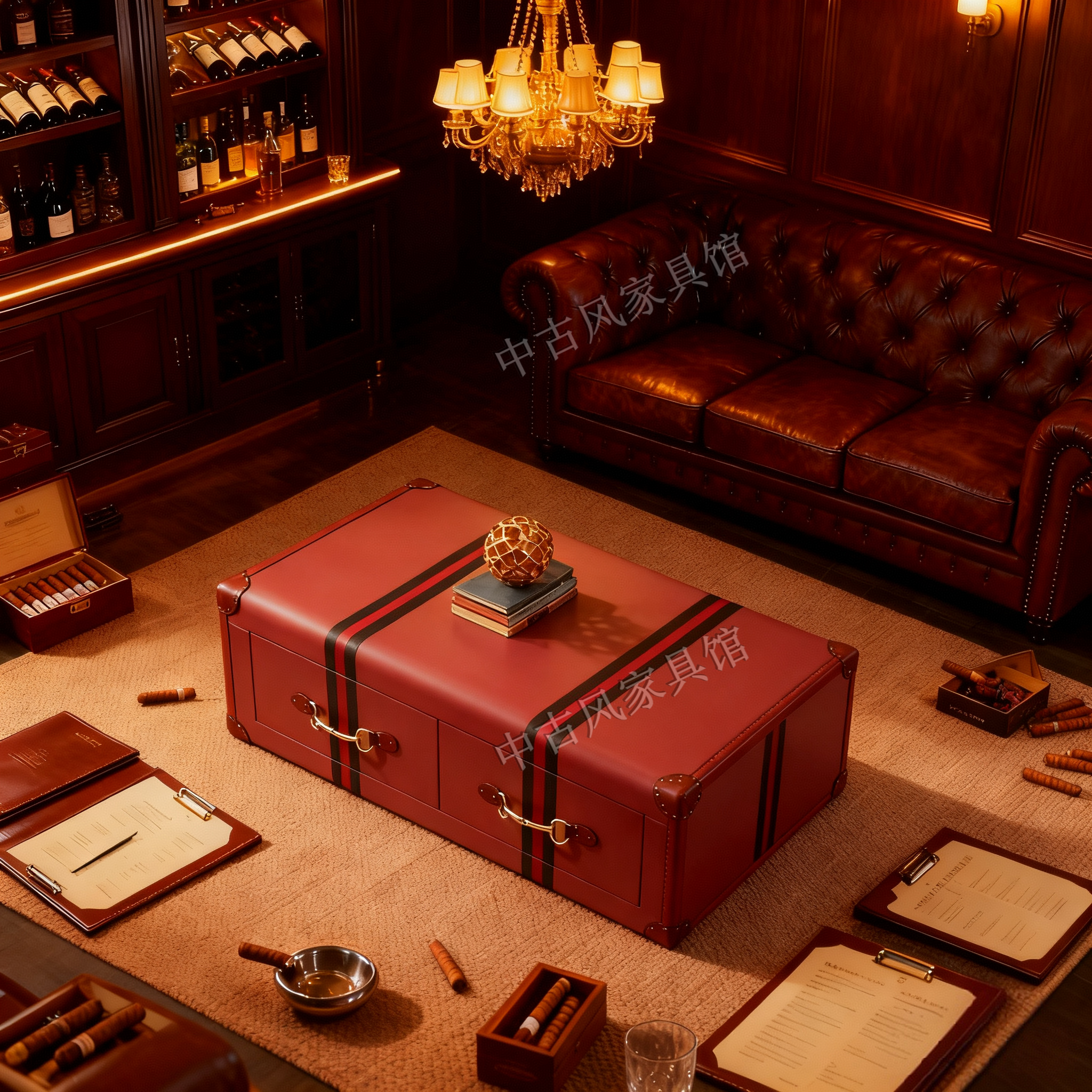 中古风复古油蜡皮皮箱茶几方形储物收纳箱做旧油蜡皮茶几桌别墅房