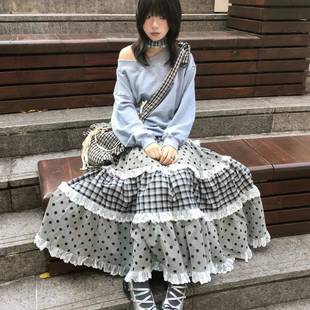 可穿 多层花边格子薄点拼接大摆A字长半裙百搭日系少女四季