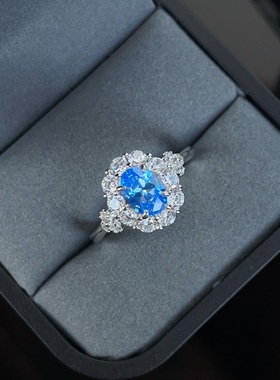鸽子蛋海蓝宝纯银925戒指镶嵌一克拉蓝宝石高碳钻简约时尚钻戒女