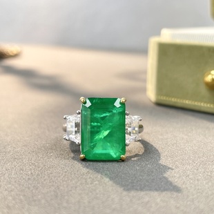 8克拉10*14祖母绿进口高碳钻纯银s925戒指轻奢高级感满钻镶嵌钻戒
