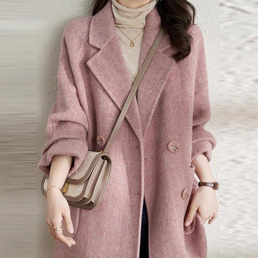 2025新款秋冬季粉色毛呢大衣女小个子中长韩版呢外套气质休闲