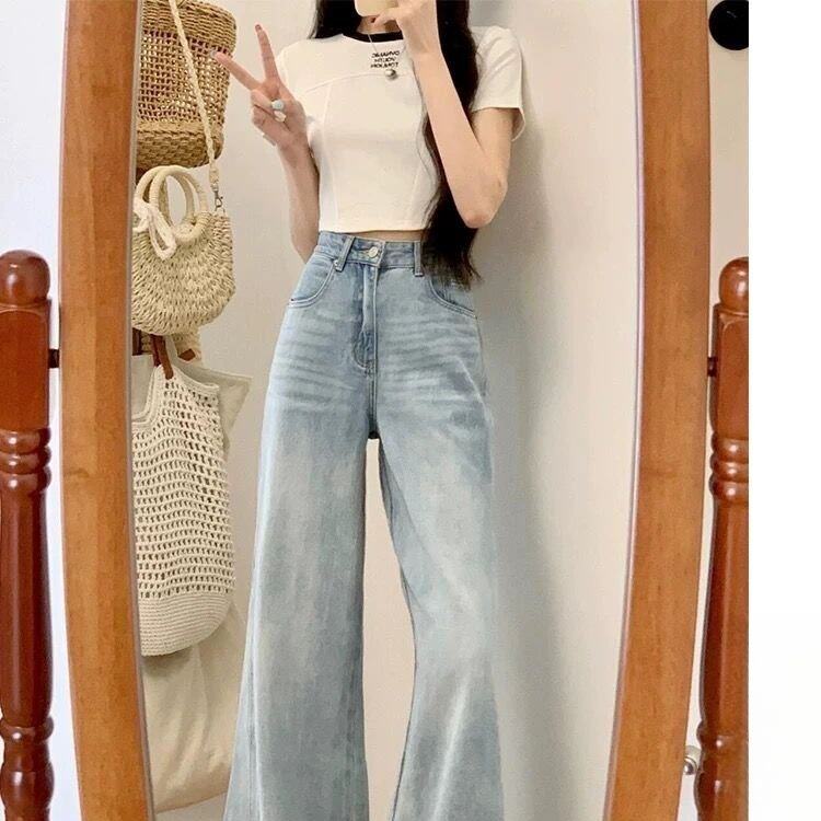 浅蓝色不贴腿微喇牛仔裤女2025春秋季新款中腰百搭牛仔裤垂感长裤