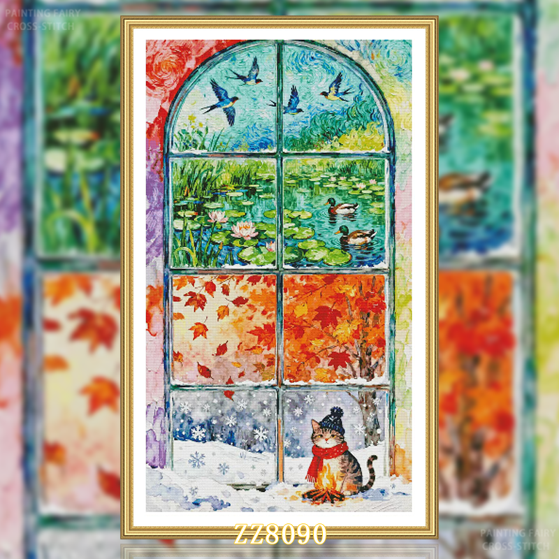 【ZZ8090-窗映四季】十字绣2026新款客厅卧室绣简约风景画竖版玄,居家布艺,十字绣套件,淘宝优惠券,粉丝福利购,淘宝优惠卷