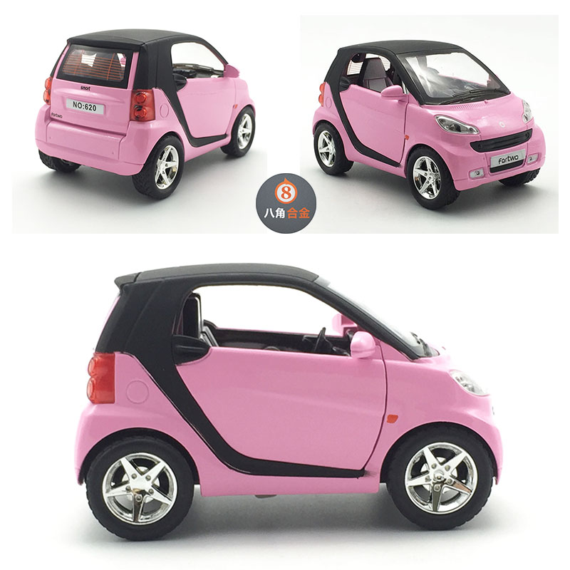 1比32kt粉色奔驰smart合金汽车模型声光玩具回力双开门万宝直销
