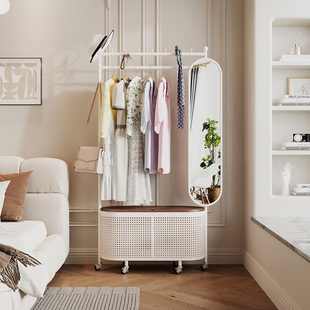 奶油挂衣架带镜子衣帽架落地衣架收纳挂衣服架卧室可移动衣帽架