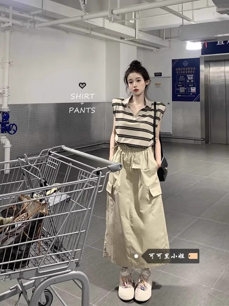韩系polo领条纹T恤上衣中长款高腰显瘦工装半身裙女夏季时尚套装