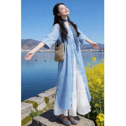 春夏季巨好看的温柔风蓝色衬衫连衣裙子女夏2026新款白色长裙套装