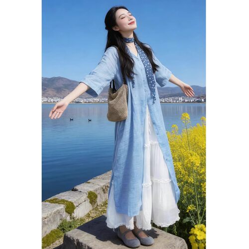 温柔风蓝色衬衫连衣裙长裙套装