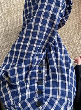 复古蓝色格子裤子女春秋2024新款高腰宽松阔腿裤慵懒风休闲拖地裤